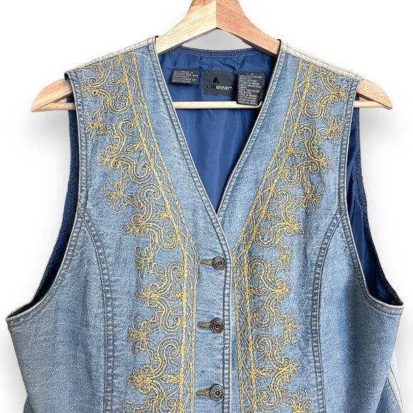 Vintage Liz Wear Gold Embroidered Denim Western Vest Women's Size M - Picture 3 of 7